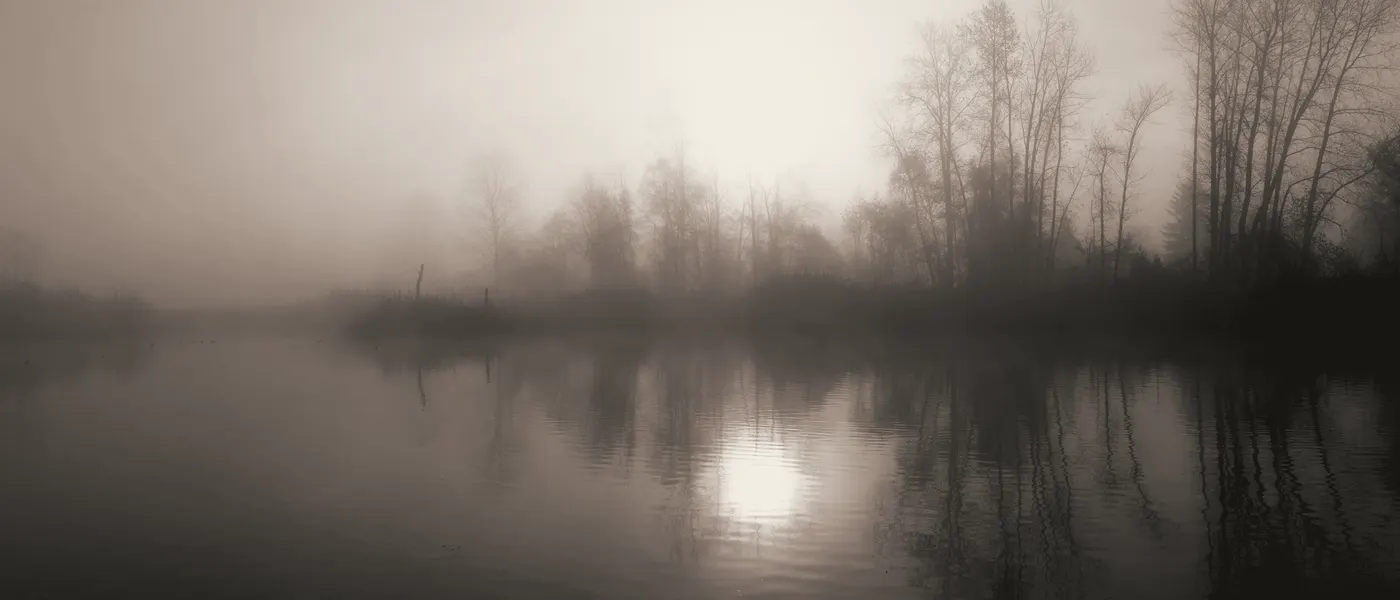Sonne hinter Morgennebel ueber stillem Wasser