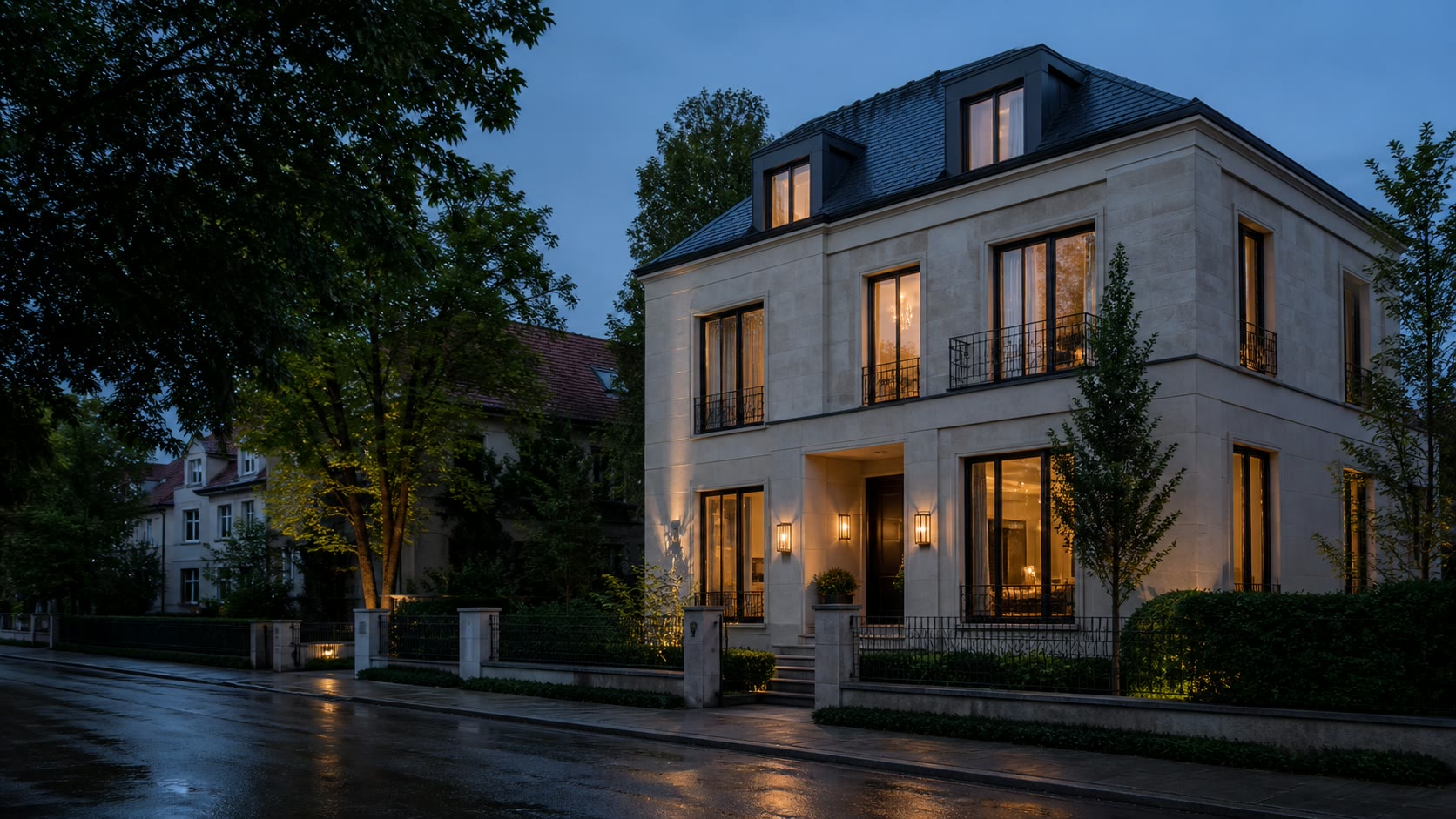 Elegante Stadtvilla in einem begrünten Münchner Wohnviertel bei Abendlicht